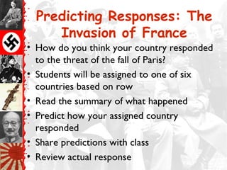 Predicting Responses: The
Invasion of France
• How do you think your country responded
to the threat of the fall of Paris?
• Students will be assigned to one of six
countries based on row
• Read the summary of what happened
• Predict how your assigned country
responded
• Share predictions with class
• Review actual response
 