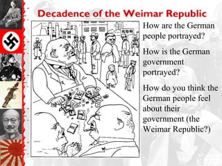 Decadence of the Weimar Republic
How are the German
people portrayed?
How is the German
government
portrayed?
How do you think the
German people feel
about their
government (the
Weimar Republic?)
 