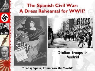 The Spanish Civil War:
A Dress Rehearsal for WWII?
Italian troops in
Madrid
“Today Spain, Tomorrow the World”
 