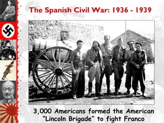 The Spanish Civil War: 1936 - 1939
3,000 Americans formed the American
“Lincoln Brigade” to fight Franco
 