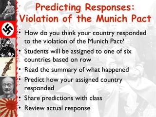 Predicting Responses:
Violation of the Munich Pact
• How do you think your country responded
to the violation of the Munich Pact?
• Students will be assigned to one of six
countries based on row
• Read the summary of what happened
• Predict how your assigned country
responded
• Share predictions with class
• Review actual response
 