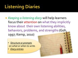  Keeping a listening diary will help learners
focus their attention on what they implicitly
know about their own listening abilities,
behaviors, problems, and strengths (Goh,
1997; Kemp, 2010)
• Structure or prompts
on what or when to write.
• Diary entries
 
