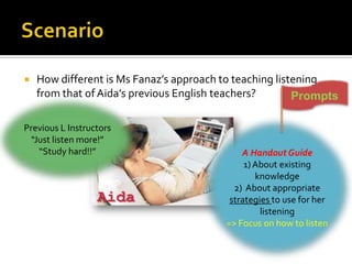  How different is Ms Fanaz’s approach to teaching listening
from that of Aida’s previous English teachers?
A Handout Guide
1) About existing
knowledge
2) About appropriate
strategies to use for her
listening
=> Focus on how to listen
Prompts
Previous L Instructors
“Just listen more!”
“Study hard!!”
Aida
 