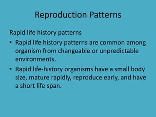 Reproduction Patterns
Rapid life history patterns
• Rapid life history patterns are common among
organism from changeable or unpredictable
environments.
• Rapid life-history organisms have a small body
size, mature rapidly, reproduce early, and have
a short life span.
 