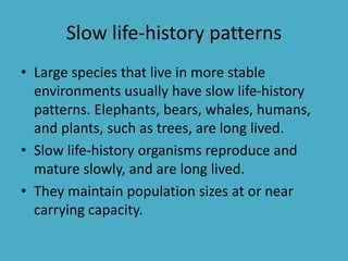 Slow life-history patterns
• Large species that live in more stable
environments usually have slow life-history
patterns. Elephants, bears, whales, humans,
and plants, such as trees, are long lived.
• Slow life-history organisms reproduce and
mature slowly, and are long lived.
• They maintain population sizes at or near
carrying capacity.
 