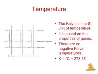 Matter 
And 
Measurement 
Temperature 
• The Kelvin is the SI 
unit of temperature. 
• It is based on the 
properties of gases. 
• There are no 
negative Kelvin 
temperatures. 
• K = °C + 273.15 
 