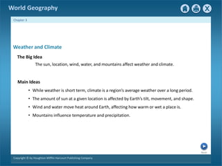 Next 
World Geography 
Chapter 3 
Weather and Climate 
The Big Idea 
The sun, location, wind, water, and mountains affect weather and climate. 
Main Ideas 
• While weather is short term, climate is a region’s average weather over a long period. 
• The amount of sun at a given location is affected by Earth’s tilt, movement, and shape. 
• Wind and water move heat around Earth, affecting how warm or wet a place is. 
• Mountains influence temperature and precipitation. 
Copyright © by Houghton Mifflin Harcourt Publishing Company 
 
