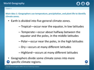World Geography 
Chapter 3 
Main Idea 1: Geographers use temperature, precipitation, and plant life to identify 
climate zones. 
• Earth is divided into five general climate zones. 
– Tropical—occur near the equator, in low latitudes 
– Temperate—occur about halfway between the 
equator and the poles, in the middle latitudes 
– Polar—occur near the poles, in the high latitudes 
– Dry—occurs at many different latitudes 
– Highland—occurs at many different latitudes 
• Geographers divide some climate zones into more 
specific climate regions. 
Next Previous 
Copyright © by Houghton Mifflin Harcourt Publishing Company 
 