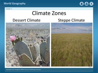 Next 
World Geography 
Chapter 3 
Climate Zones 
Dessert Climate Steppe Climate 
Copyright © by Houghton Mifflin Harcourt Publishing Company 
 