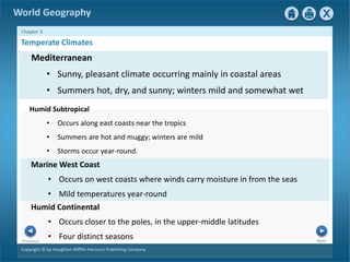 World Geography 
Chapter 3 
Temperate Climates 
Mediterranean 
• Sunny, pleasant climate occurring mainly in coastal areas 
• Summers hot, dry, and sunny; winters mild and somewhat wet 
Humid Subtropical 
• Occurs along east coasts near the tropics 
• Summers are hot and muggy; winters are mild 
• Storms occur year-round. 
Marine West Coast 
• Occurs on west coasts where winds carry moisture in from the seas 
• Mild temperatures year-round 
Humid Continental 
• Occurs closer to the poles, in the upper-middle latitudes 
• Four distinct seasons Next 
Previous 
Copyright © by Houghton Mifflin Harcourt Publishing Company 
 