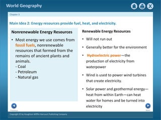 World Geography 
Chapter 3 
Main Idea 2: Energy resources provide fuel, heat, and electricity. 
Nonrenewable Energy Resources 
• Most energy we use comes from 
fossil fuels, nonrenewable 
resources that formed from the 
remains of ancient plants and 
animals. 
- Coal 
- Petroleum 
- Natural gas 
Next Previous 
Copyright © by Houghton Mifflin Harcourt Publishing Company 
Renewable Energy Resources 
• Will not run out 
• Generally better for the environment 
• Hydroelectric power—the 
production of electricity from 
waterpower 
• Wind is used to power wind turbines 
that create electricity. 
• Solar power and geothermal energy— 
heat from within Earth—can heat 
water for homes and be turned into 
electricity 
 