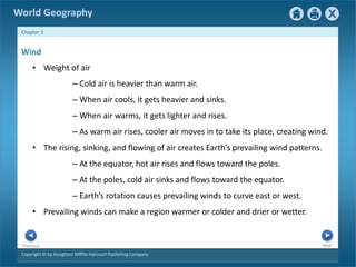 World Geography 
Chapter 3 
Wind 
• Weight of air 
– Cold air is heavier than warm air. 
– When air cools, it gets heavier and sinks. 
– When air warms, it gets lighter and rises. 
– As warm air rises, cooler air moves in to take its place, creating wind. 
• The rising, sinking, and flowing of air creates Earth’s prevailing wind patterns. 
– At the equator, hot air rises and flows toward the poles. 
– At the poles, cold air sinks and flows toward the equator. 
– Earth’s rotation causes prevailing winds to curve east or west. 
• Prevailing winds can make a region warmer or colder and drier or wetter. 
Next Previous 
Copyright © by Houghton Mifflin Harcourt Publishing Company 
 