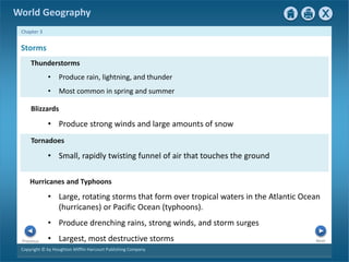 World Geography 
Chapter 3 
Storms 
Thunderstorms 
• Produce rain, lightning, and thunder 
• Most common in spring and summer 
Blizzards 
• Produce strong winds and large amounts of snow 
Tornadoes 
• Small, rapidly twisting funnel of air that touches the ground 
Hurricanes and Typhoons 
• Large, rotating storms that form over tropical waters in the Atlantic Ocean 
(hurricanes) or Pacific Ocean (typhoons). 
• Produce drenching rains, strong winds, and storm surges 
• Largest, most destructive storms 
Next Previous 
Copyright © by Houghton Mifflin Harcourt Publishing Company 
 