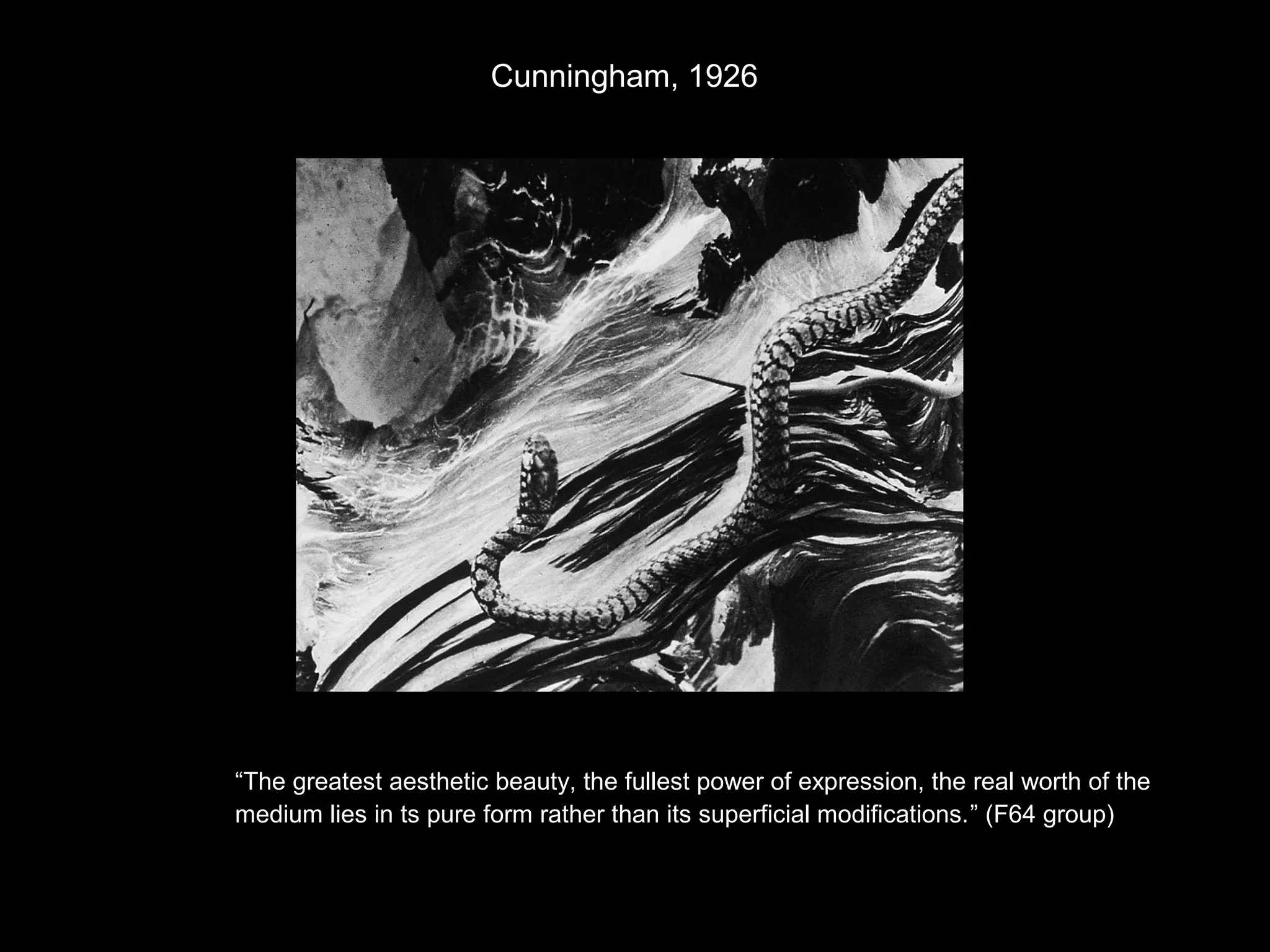 Cunningham, 1926 
“The greatest aesthetic beauty, the fullest power of expression, the real worth of the 
medium lies in ts pure form rather than its superficial modifications.” (F64 group) 
 