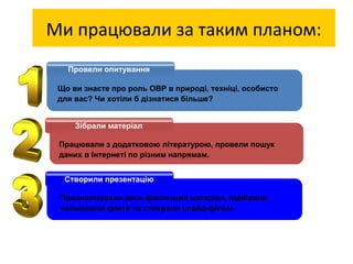 Ми працювали за таким планом: 
Провели опитування 
Що ви знаєте про роль ОВР в природі, техніці, особисто 
для вас? Чи хот...