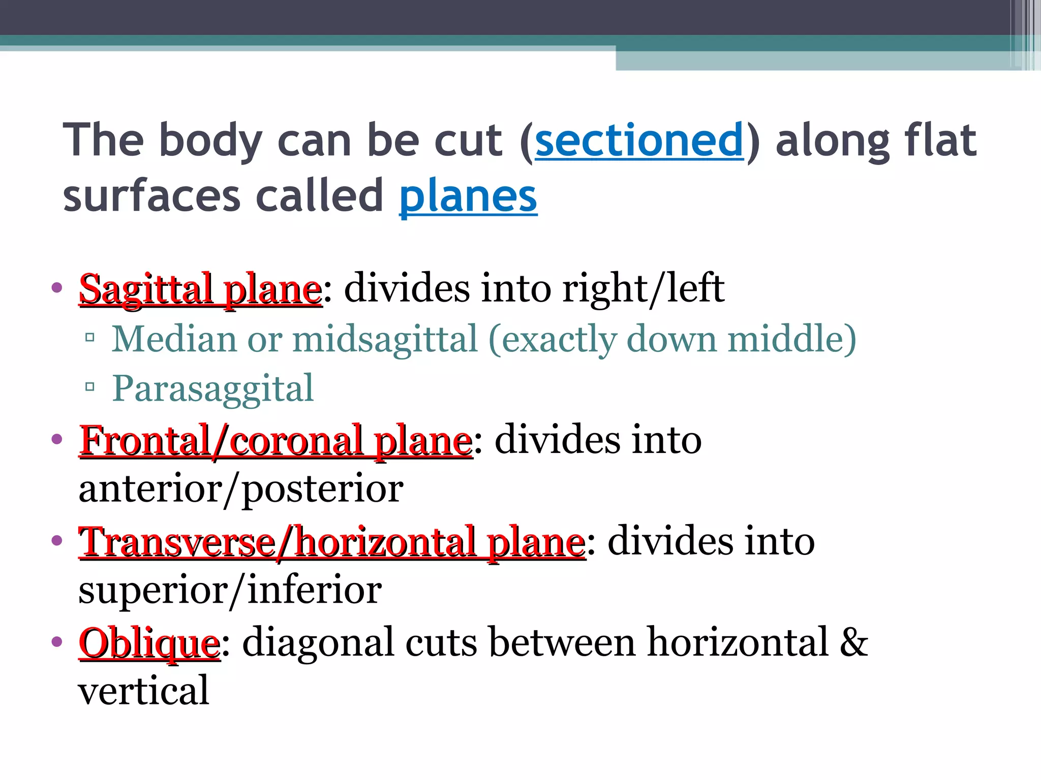 The body can be cut (sectioned) along flat 
surfaces called planes 
• SSaaggiittttaall ppllaannee: divides into right/left 
▫ Median or midsagittal (exactly down middle) 
▫ Parasaggital 
• FFrroonnttaall//ccoorroonnaall ppllaannee: divides into 
anterior/posterior 
• TTrraannssvveerrssee//hhoorriizzoonnttaall ppllaannee: divides into 
superior/inferior 
• OObblliiqquuee: diagonal cuts between horizontal & 
vertical 
 