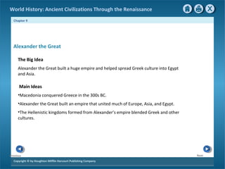 World History: Ancient Civilizations Through the Renaissance 
Chapter 9 
Alexander the Great 
The Big Idea 
Alexander the Great built a huge empire and helped spread Greek culture into Egypt 
and Asia. 
Main Ideas 
•Macedonia conquered Greece in the 300s BC. 
•Alexander the Great built an empire that united much of Europe, Asia, and Egypt. 
•The Hellenistic kingdoms formed from Alexander’s empire blended Greek and other 
cultures. 
Copyright © by Houghton Mifflin Harcourt Publishing Company 
Next 
Previous 
 