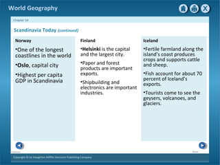 World Geography 
Chapter 14 
Norway 
•One of the longest 
coastlines in the world 
•Oslo, capital city 
•Highest per capita 
GDP in Scandinavia 
Copyright © by Houghton Mifflin Harcourt Publishing Company 
Next 
Previous 
Finland 
•Helsinki is the capital 
and the largest city. 
•Paper and forest 
products are important 
exports. 
•Shipbuilding and 
electronics are important 
industries. 
Iceland 
•Fertile farmland along the 
island’s coast produces 
crops and supports cattle 
and sheep. 
•Fish account for about 70 
percent of Iceland’s 
exports. 
•Tourists come to see the 
geysers, volcanoes, and 
glaciers. 
Scandinavia Today {continued} 
