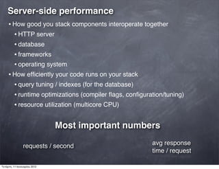 Server-side performance
• How good you stack components interoperate together
• HTTP server
• database
• frameworks
• operating system
• How efﬁciently your code runs on your stack
• query tuning / indexes (for the database)
• runtime optimizations (compiler ﬂags, conﬁguration/tuning)
• resource utilization (multicore CPU)
requests / second avg response
time / request
Most important numbers
Τετάρτη, 11 Ιανουαρίου 2012
 