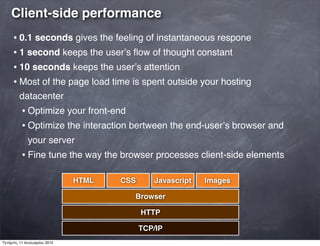 Client-side performance
• 0.1 seconds gives the feeling of instantaneous respone
• 1 second keeps the userʼs ﬂow of thought constant
• 10 seconds keeps the userʼs attention
• Most of the page load time is spent outside your hosting
datacenter
• Optimize your front-end
• Optimize the interaction bertween the end-userʼs browser and
your server
• Fine tune the way the browser processes client-side elements
HTML CSS Javascript Images
Browser
HTTP
TCP/IP
Τετάρτη, 11 Ιανουαρίου 2012
 
