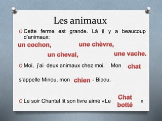 Les animaux 
O Cette ferme est grande. Là il y a beaucoup 
d’animaux: 
O Moi, j’ai deux animaux chez moi. Mon 
s’appelle Minou, mon - Bibou. 
O Le soir Chantal lit son livre aimé «Le » 
 