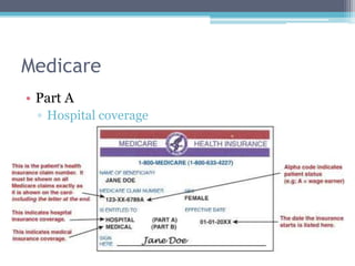 Medicare
• Part A
 ▫ Hospital coverage
 