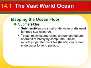 14.1   The Vast World Ocean     Submersibles Submersibles  are small underwater crafts used for deep-sea research. Today, many submersibles are unmanned and operated remotely by computers. These remotely operated vehicles (ROVs) can remain underwater for long periods. Mapping the Ocean Floor 