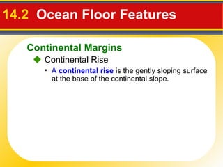 14.2  Ocean Floor Features     Continental Rise A  continental rise  is the gently sloping surface at the base of the continental slope. Continental Margins 