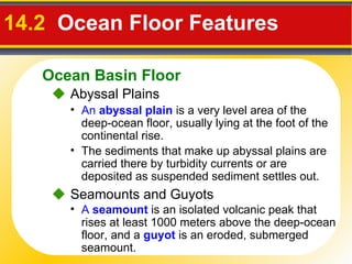 14.2  Ocean Floor Features     Abyssal Plains An  abyssal plain  is a very level area of the deep-ocean floor, usually lying at the foot of the continental rise. The sediments that make up abyssal plains are carried there by turbidity currents or are deposited as suspended sediment settles out.    Seamounts and Guyots A  seamount  is an isolated volcanic peak that rises at least 1000 meters above the deep-ocean floor, and a  guyot  is an eroded, submerged seamount. Ocean Basin Floor 