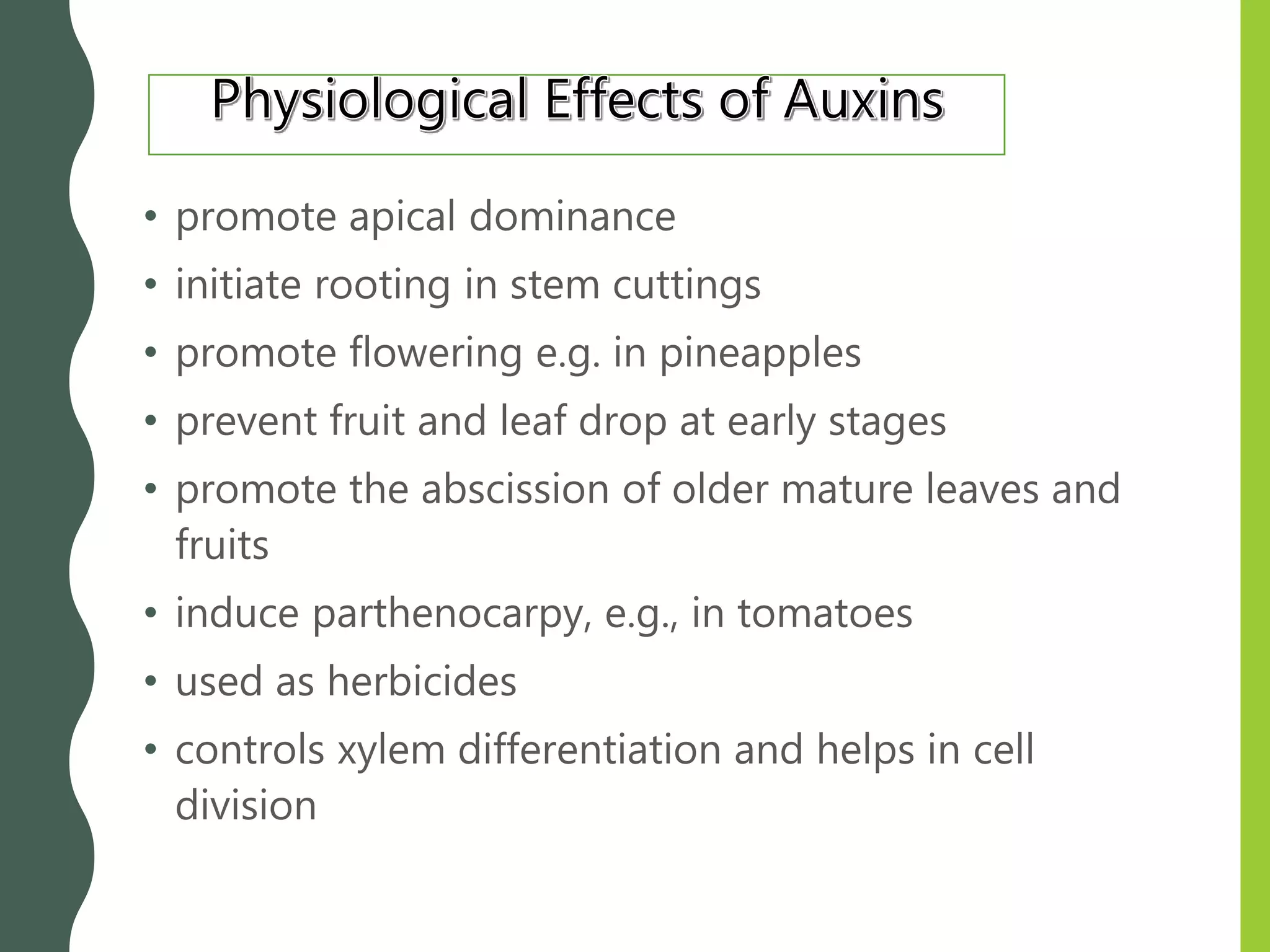 • promote apical dominance
• initiate rooting in stem cuttings
• promote flowering e.g. in pineapples
• prevent fruit and leaf drop at early stages
• promote the abscission of older mature leaves and
fruits
• induce parthenocarpy, e.g., in tomatoes
• used as herbicides
• controls xylem differentiation and helps in cell
division
 