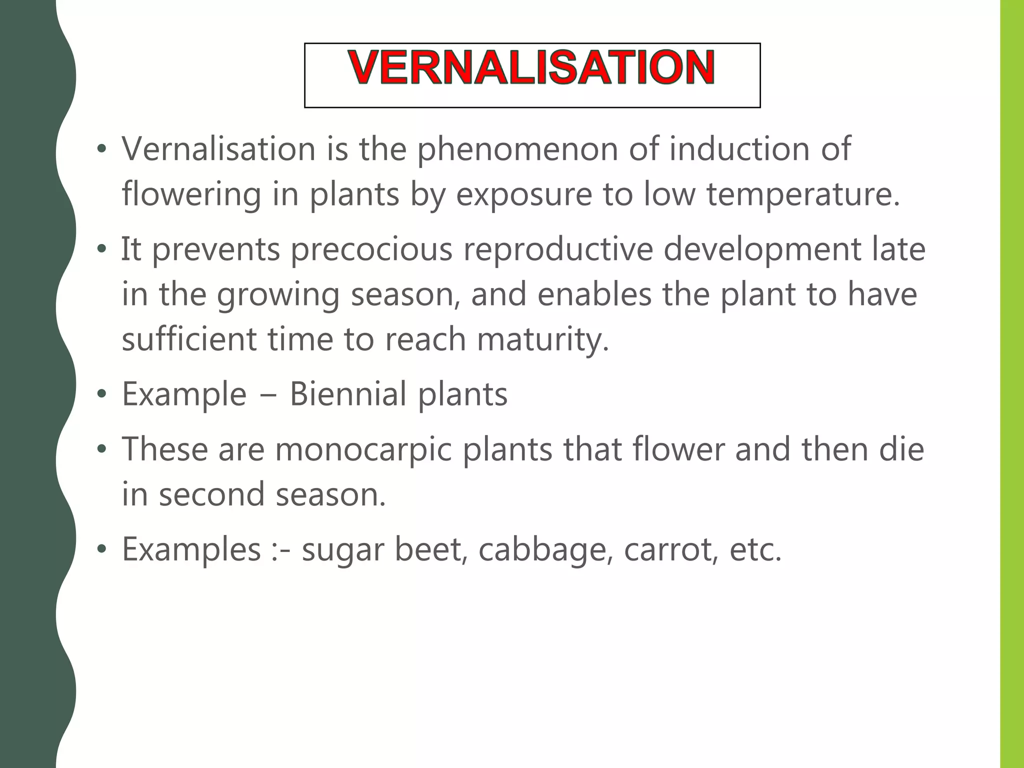 • Vernalisation is the phenomenon of induction of
flowering in plants by exposure to low temperature.
• It prevents precocious reproductive development late
in the growing season, and enables the plant to have
sufficient time to reach maturity.
• Example − Biennial plants
• These are monocarpic plants that flower and then die
in second season.
• Examples :- sugar beet, cabbage, carrot, etc.
 
