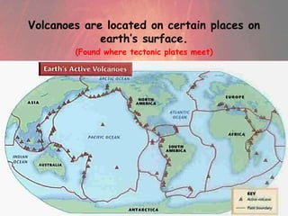 Volcanoes are located on certain places on
earth’s surface.
(Found where tectonic plates meet)
 