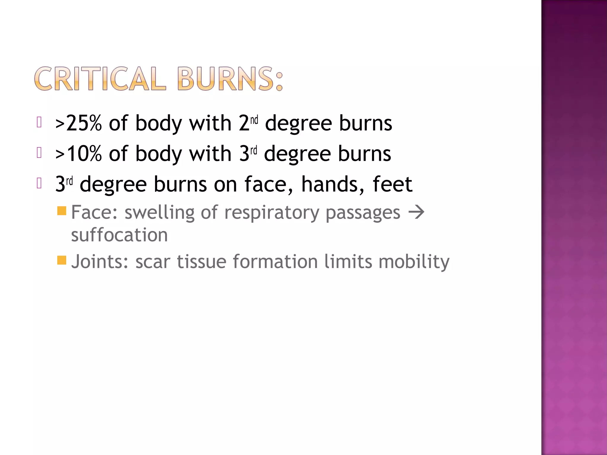  >25% of body with 2nd
degree burns
 >10% of body with 3rd
degree burns
 3rd
degree burns on face, hands, feet
 Face: swelling of respiratory passages 
suffocation
 Joints: scar tissue formation limits mobility
 