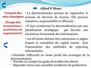 Alfred P. Sloan :
• La décentralisation permet de rapprocher le
système de décision de l’action. Elle procure
initiatives, responsabilité et efficacité.
• Il faut coordonner la décentralisation par une
planification stratégique qui favorise une
circulation horizontale des informations.
• Les divisions doivent être autonomes et jugées
d’après la rentabilité du capital investi d’où
l’instauration des méthodes de reporting
informatisées.
• Atteindre l’efficacité en tirant profit des avantages de la
décentralisation
• Prendre en compte les goûts diversifiés des clients
Courant des
néo-classiques
(Temps des
économistes :
praticiens en
organisation)
• Répondre mieux aux nouvelles conditions de production
 