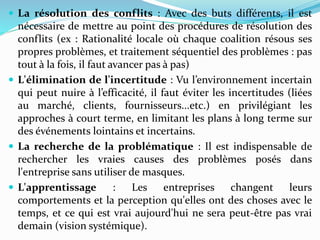 La résolution des conflits : Avec des buts différents, il est
nécessaire de mettre au point des procédures de résolution des
conflits (ex : Rationalité locale où chaque coalition résous ses
propres problèmes, et traitement séquentiel des problèmes : pas
tout à la fois, il faut avancer pas à pas)
 L'élimination de l'incertitude : Vu l’environnement incertain
qui peut nuire à l’efficacité, il faut éviter les incertitudes (liées
au marché, clients, fournisseurs...etc.) en privilégiant les
approches à court terme, en limitant les plans à long terme sur
des événements lointains et incertains.
 La recherche de la problématique : Il est indispensable de
rechercher les vraies causes des problèmes posés dans
l'entreprise sans utiliser de masques.
 L'apprentissage : Les entreprises changent leurs
comportements et la perception qu'elles ont des choses avec le
temps, et ce qui est vrai aujourd'hui ne sera peut-être pas vrai
demain (vision systémique).
 