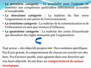  La première catégorie : La possibilité pour l'individu de
maîtriser une compétence particulière difficilement accessible
et transférable.
 La deuxième catégorie : La maîtrise du lien entre
l'organisation et une partie de l'environnement.
 La troisième catégorie : La maîtrise de la communication et de
l'information en tant que vecteurs d'influence.
 La quatrième catégorie : La maîtrise des zones d'incertitude
qui découlent des règles instaurées par l'organisation.
Tout acteur = des objectifs propres Des conduites spécifiques
Pas d'acte gratuit, le comportement de chacun est orienté vers des
buts. Pas d’acteurs passifs, mais agissent dans une direction qui
vise leurs objectifs. Ils ont donc un comportement de nature
stratégique.
 