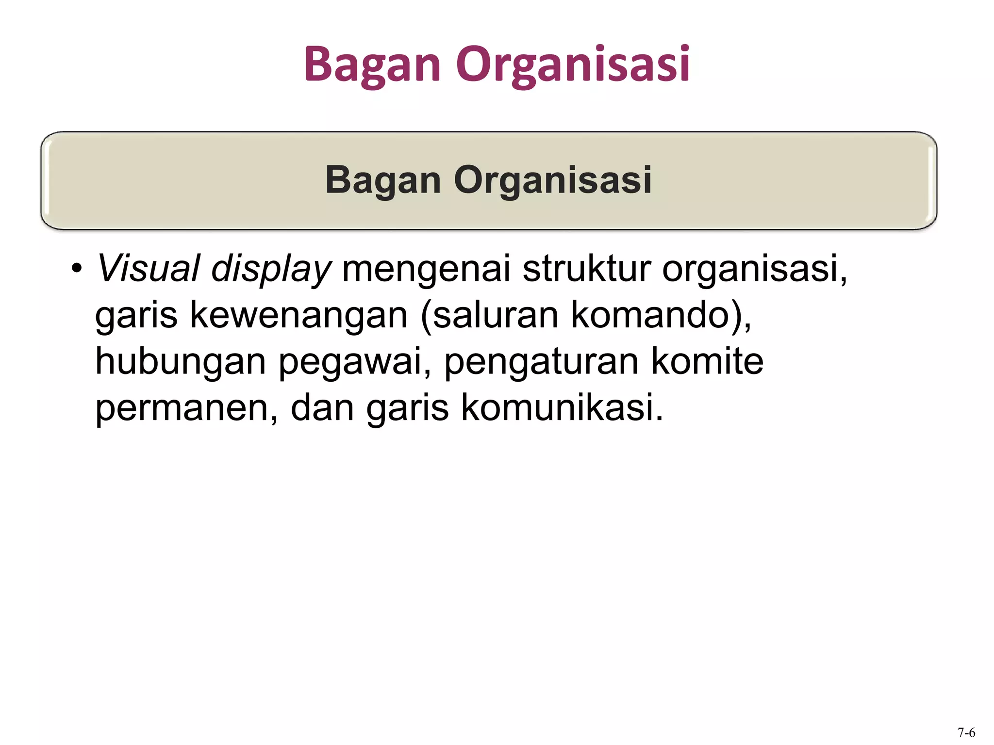 Bagan Organisasi
Bagan Organisasi
• Visual display mengenai struktur organisasi,
garis kewenangan (saluran komando),
hubungan pegawai, pengaturan komite
permanen, dan garis komunikasi.
7-6
 