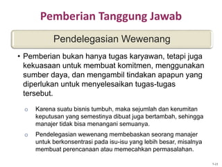 Pemberian Tanggung Jawab
o Karena suatu bisnis tumbuh, maka sejumlah dan kerumitan
keputusan yang semestinya dibuat juga bertambah, sehingga
manajer tidak bisa menangani semuanya.
o Pendelegasian wewenang membebaskan seorang manajer
untuk berkonsentrasi pada isu-isu yang lebih besar, misalnya
membuat perencanaan atau memecahkan permasalahan.
Pendelegasian Wewenang
• Pemberian bukan hanya tugas karyawan, tetapi juga
kekuasaan untuk membuat komitmen, menggunakan
sumber daya, dan mengambil tindakan apapun yang
diperlukan untuk menyelesaikan tugas-tugas
tersebut.
7-15
 