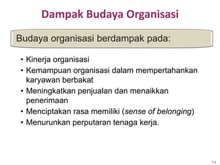 Dampak Budaya Organisasi
Budaya organisasi berdampak pada:
7-4
• Kinerja organisasi
• Kemampuan organisasi dalam mempertahankan
karyawan berbakat
• Meningkatkan penjualan dan menaikkan
penerimaan
• Menciptakan rasa memiliki (sense of belonging)
• Menurunkan perputaran tenaga kerja.
 