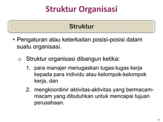 Struktur Organisasi
o Struktur organisasi dibangun ketika:
1. para manajer menugaskan tugas-tugas kerja
kepada para individu atau kelompok-kelompok
kerja, dan
2. mengkoordinir aktivitas-aktivitas yang bermacam-
macam yang dibutuhkan untuk mencapai tujuan
perusahaan.
Struktur
• Pengaturan atau keterkaitan posisi-posisi dalam
suatu organisasi.
7-5
 
