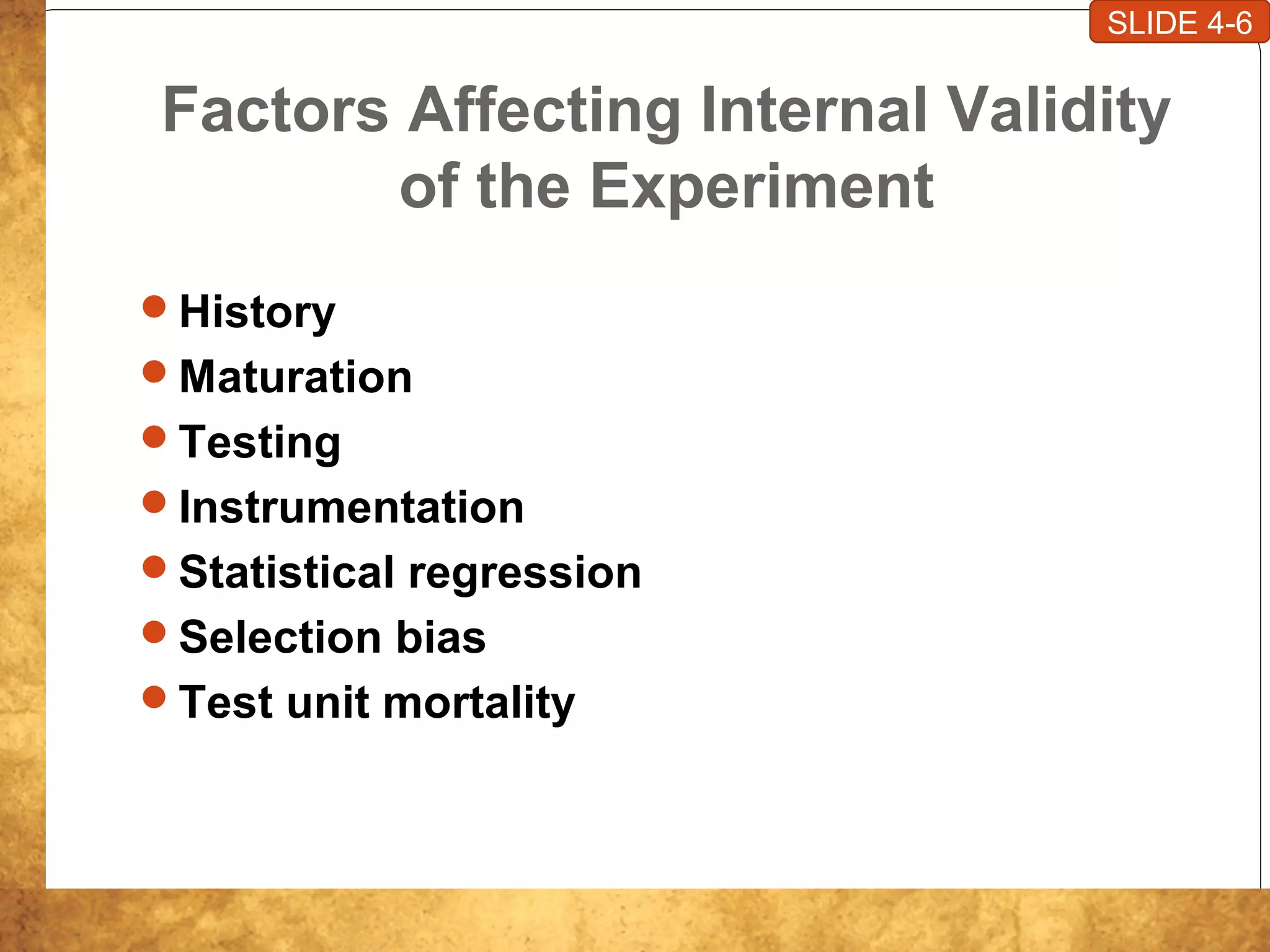 Factors Affecting Internal Validity
of the Experiment
History
Maturation
Testing
Instrumentation
Statistical regression
Selection bias
Test unit mortality
SLIDE 4-6
 