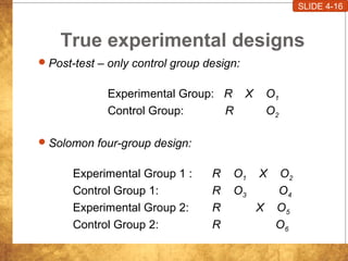 True experimental designs
Post-test – only control group design:
Experimental Group: R X O1
Control Group: R O2
Solomon four-group design:
Experimental Group 1 : R O1 X O2
Control Group 1: R O3 O4
Experimental Group 2: R X O5
Control Group 2: R O6
SLIDE 4-16
 