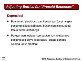 Slide
3-27
Depresiasi
Bangunan, peralatan, dan kendaraan (aset jangka
panjang) dicatat sgb aset, bukan sbg biaya, pada
tahun pemerolehannya
Perusahaan melaporkan bagian kos aset jangka
panjang sbg biaya (depresiasi) setiap periode
selama umur manfaat
Adjusting Entries for “Prepaid Expenses”Adjusting Entries for “Prepaid Expenses”Adjusting Entries for “Prepaid Expenses”Adjusting Entries for “Prepaid Expenses”
SO 5 Prepare adjusting entries for deferrals.SO 5 Prepare adjusting entries for deferrals.
 