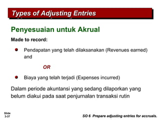 Slide
3-37
Made to record:
Pendapatan yang telah dilaksanakan (Revenues earned)
and
OR
Biaya yang telah terjadi (Expenses incurred)
Dalam periode akuntansi yang sedang dilaporkan yang
belum diakui pada saat penjurnalan transaksi rutin
SO 6 Prepare adjusting entries for accruals.SO 6 Prepare adjusting entries for accruals.
Types of Adjusting EntriesTypes of Adjusting EntriesTypes of Adjusting EntriesTypes of Adjusting Entries
Penyesuaian untuk Akrual
 