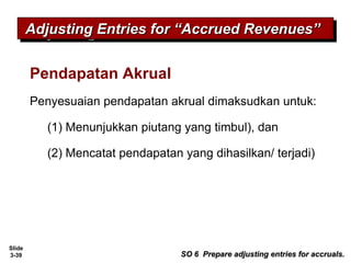 Slide
3-39
Pendapatan Akrual
Penyesuaian pendapatan akrual dimaksudkan untuk:
(1) Menunjukkan piutang yang timbul), dan
(2) Mencatat pendapatan yang dihasilkan/ terjadi)
Adjusting Entries for “Accrued Revenues”Adjusting Entries for “Accrued Revenues”Adjusting Entries for “Accrued Revenues”Adjusting Entries for “Accrued Revenues”
SO 6 Prepare adjusting entries for accruals.SO 6 Prepare adjusting entries for accruals.
 