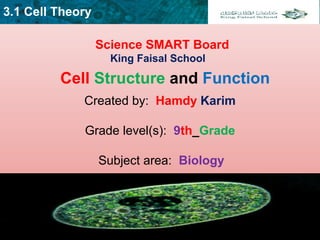 3.1 Cell Theory
Science SMART Board
King Faisal School
Cell Structure and Function
Created by: Hamdy Karim 
Grade level(s): 9th_Grade 
Subject area: Biology
 