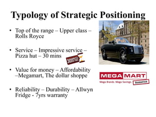Typology of Strategic Positioning
• Top of the range – Upper class –
Rolls Royce
• Service – Impressive service –
Pizza hut – 30 mins
• Value for money – Affordability
–Megamart, The dollar shoppe
• Reliability – Durability – Allwyn
Fridge - 7yrs warranty
 