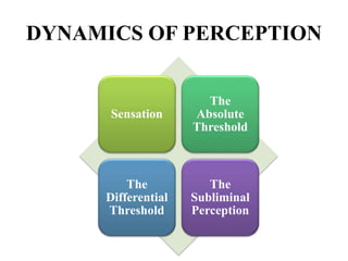 DYNAMICS OF PERCEPTION
Sensation
The
Absolute
Threshold
The
Differential
Threshold
The
Subliminal
Perception
 