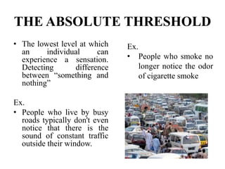 THE ABSOLUTE THRESHOLD
• The lowest level at which
an individual can
experience a sensation.
Detecting difference
between “something and
nothing”
Ex.
• People who live by busy
roads typically don't even
notice that there is the
sound of constant traffic
outside their window.
Ex.
• People who smoke no
longer notice the odor
of cigarette smoke
 