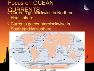 Focus on OCEAN
CURRENTS◊ Currents go clockwise in Northern
Hemisphere
◊ Currents go counterclockwise in
Southern Hemisphere
 